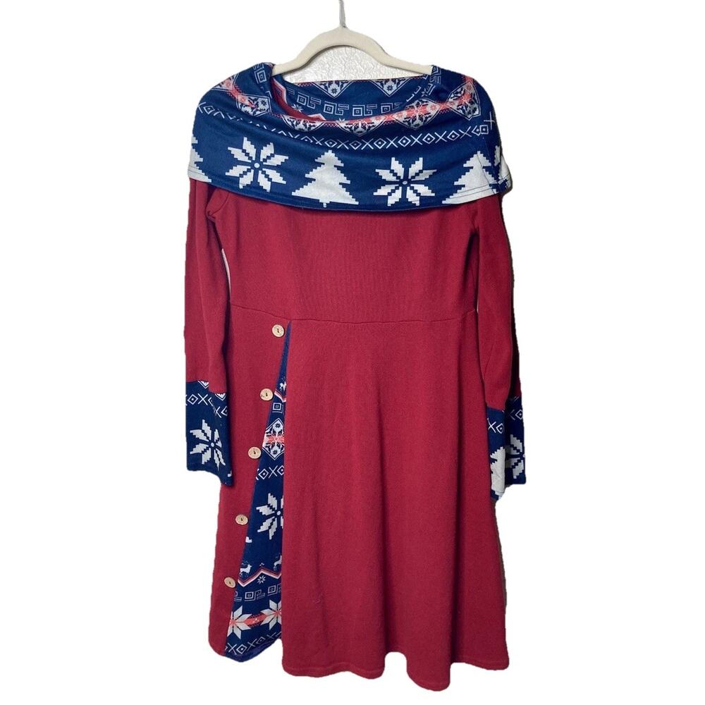Sweater Dress Women's Large Cowl Neck Red Button Adorned MIDI Winter Snowflakes